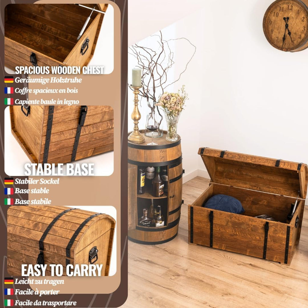 CREATIVE COOPER Holztruhe 180L – Klassischer Aufbewahrungskoffer aus geöltem Erlenholz – Vintage Design – Für Wohnzimmer, Terrasse & Garten – 80x50x50 cm
