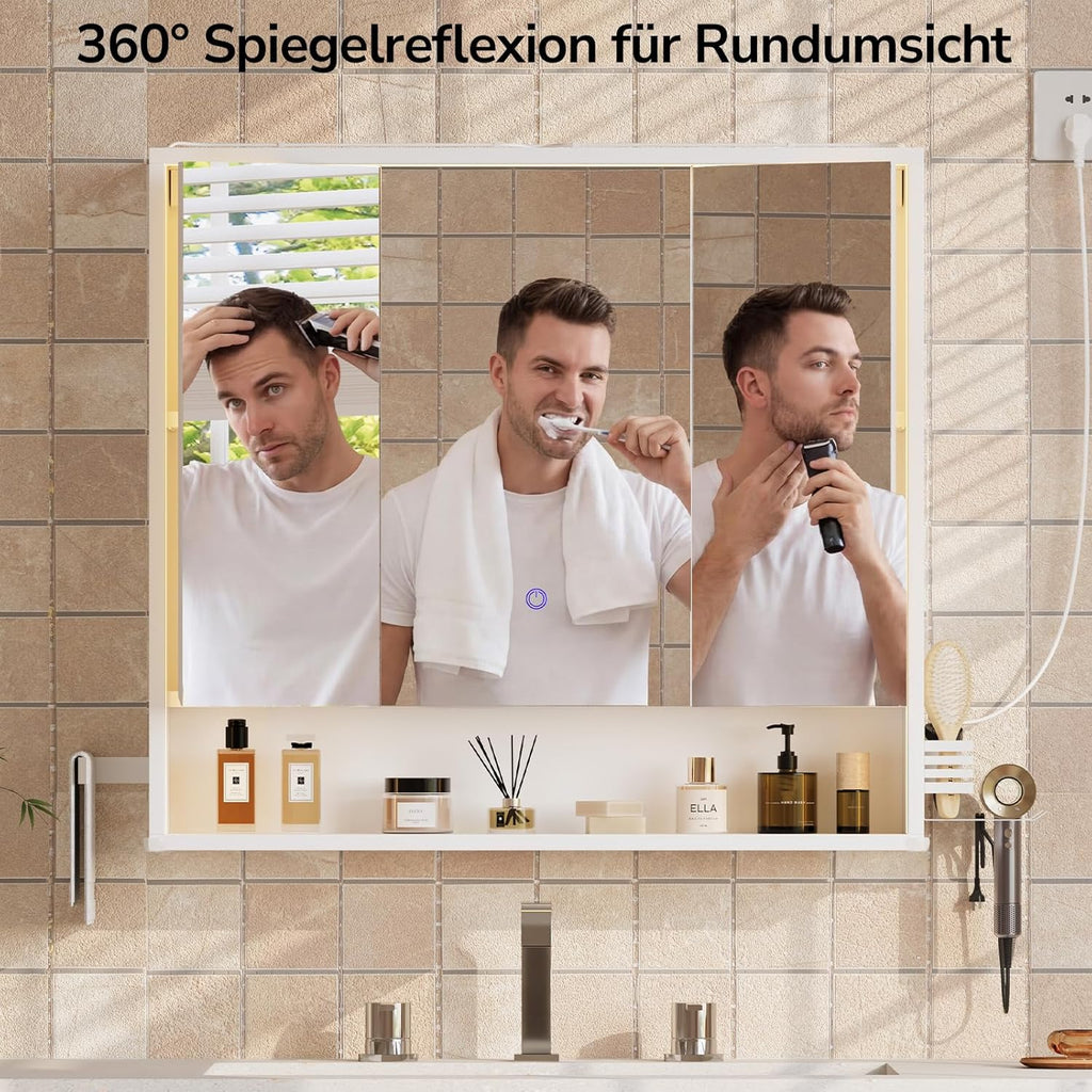 3-türiger Badspiegelschrank 80 cm breit mit LED-Beleuchtung, Steckdose & Touch-Sensor, 3 Lichtfarben dimmbar – inkl. Föhnhalter, Handtuchhalter & 4 verstellbaren Einlegeböden – Weiß