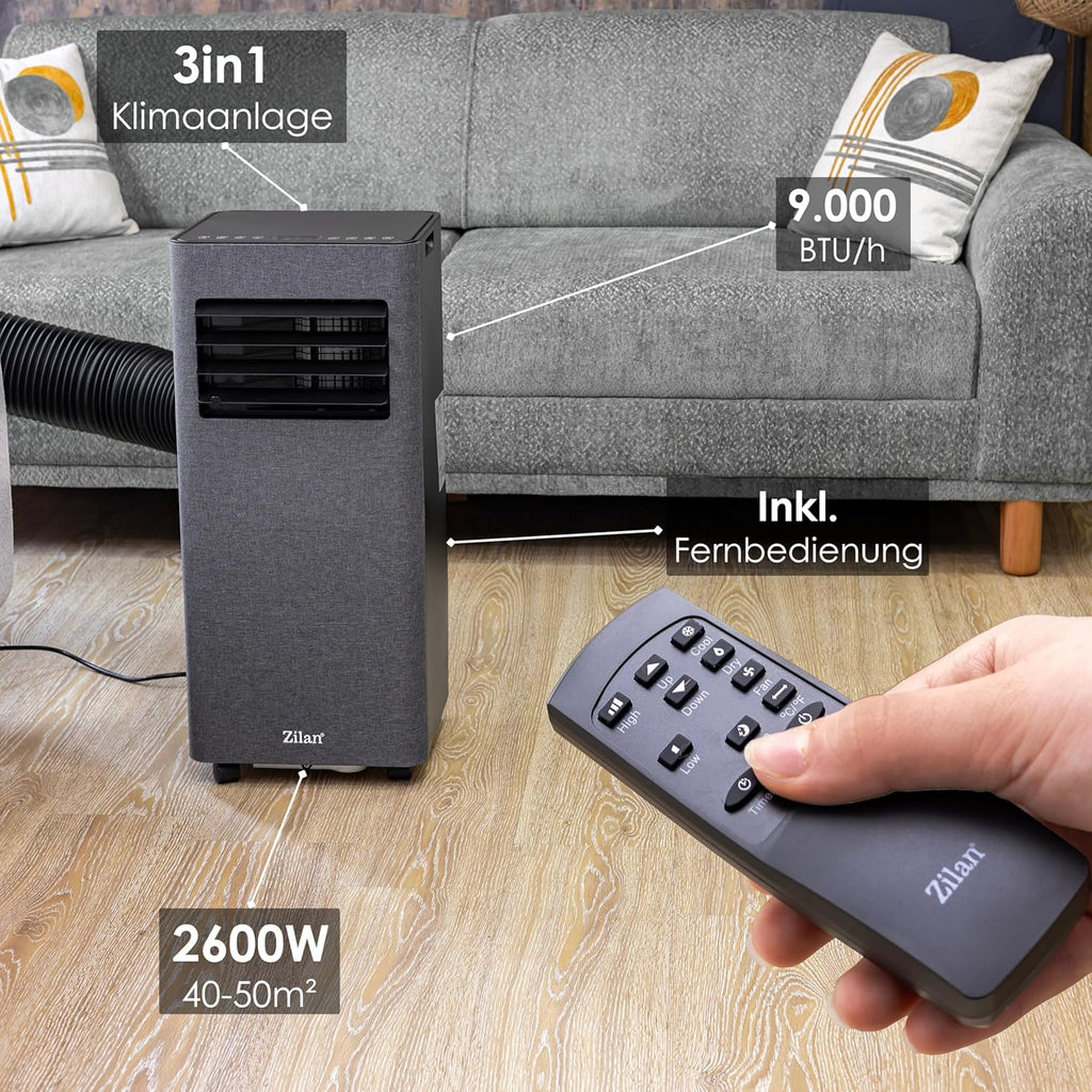 Zilan Mobile Klimaanlage 9000 BTU mit WLAN & Abluftschlauch, 3-in-1 Mobiles Klimagerät – Kühlen, Entfeuchten & Ventilator, leise, inkl. Fensterabdichtung & Fernbedienung, Timer, Wifi App-Steuerung