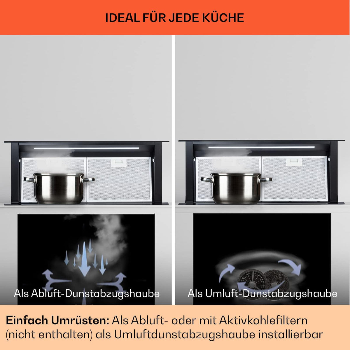 Klarstein Downdraft-Dunstabzugshaube, Versenkbare Abzugshaube, Leise Dunstabzugshauben mit Filter, Dunstabzugshaube 60cm, Umluft/Abluft Dunsthaube mit 10 Stufen, Dunstabzug 576 m³/h Luftstrom