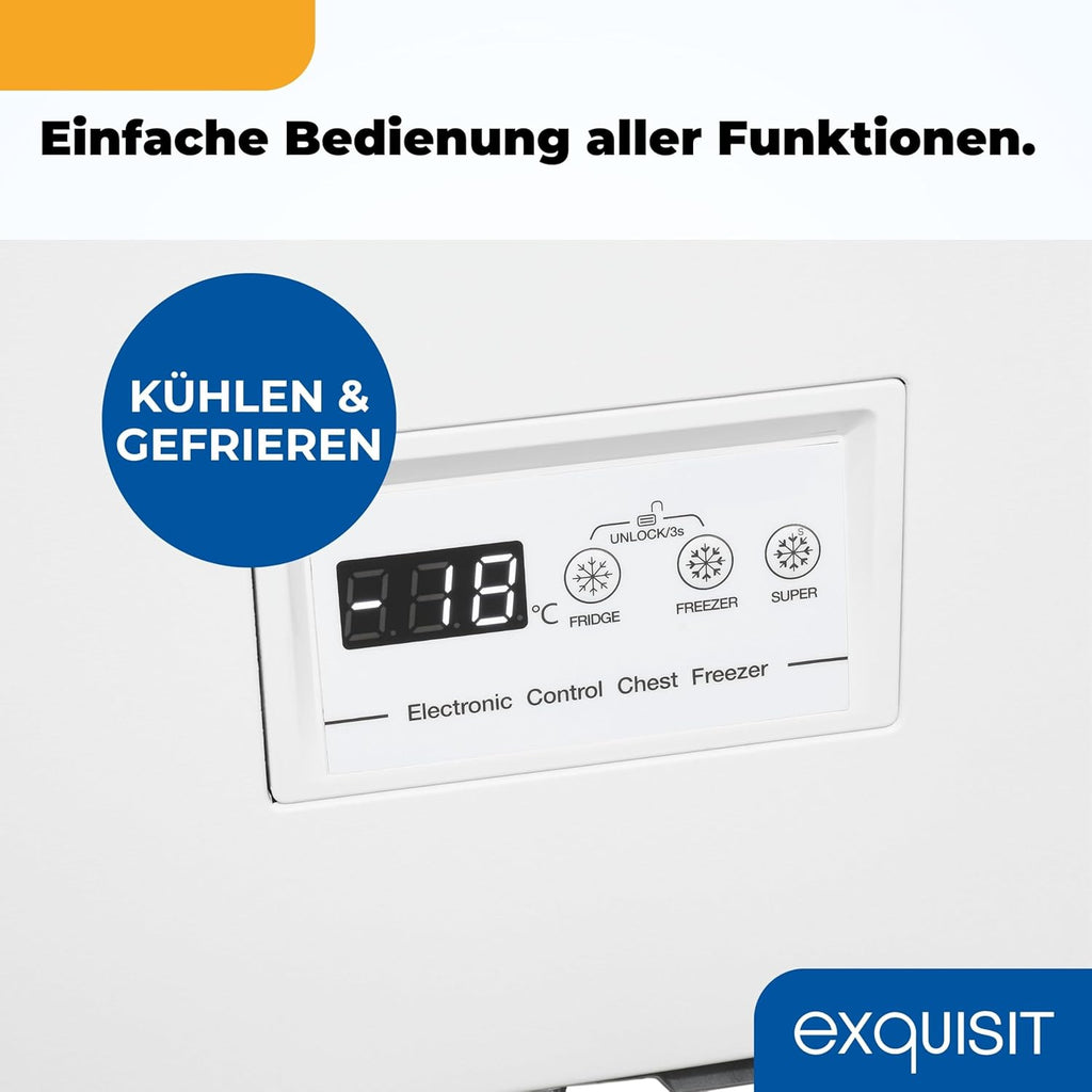 Exquisit Gefriertruhe, Kühlfunktion, 2-in-1, 198 Liter, Türschloss, 4-Sterne-Gefrieren, Schnellgefrieren, 2 Rollen, GT201-HE-040E weiss