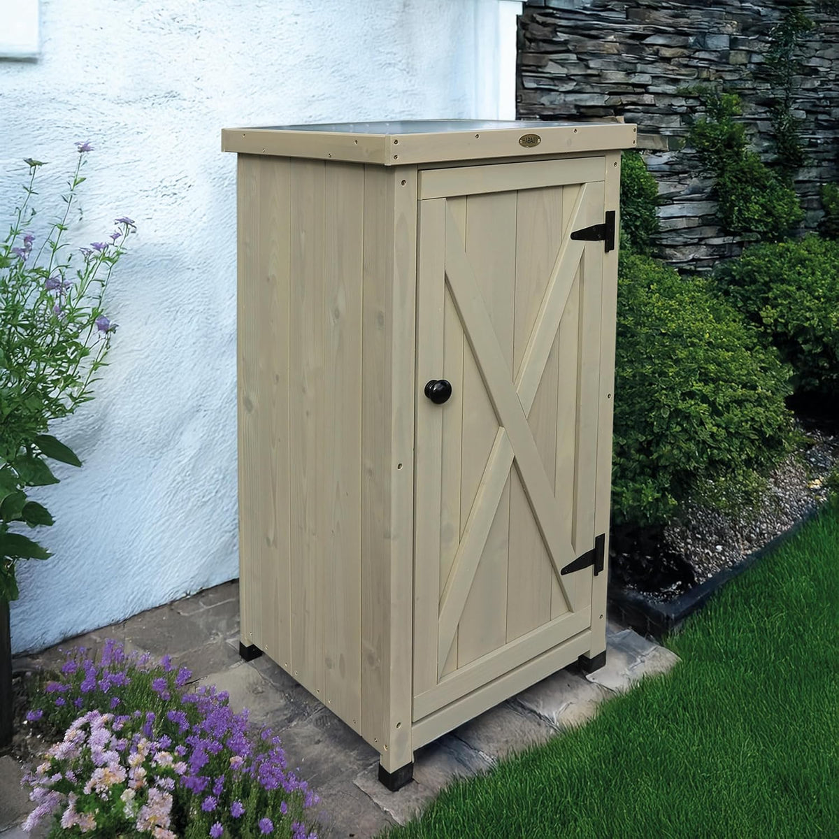 HABAU Gartenschrank Kompakt mit Arbeitsplatte, wetterfest in Grau lasiert, aus zertifiziertem Massivholz, ideal für Garten, Balkon und Terrasse, 45 x 45 x 91 cm