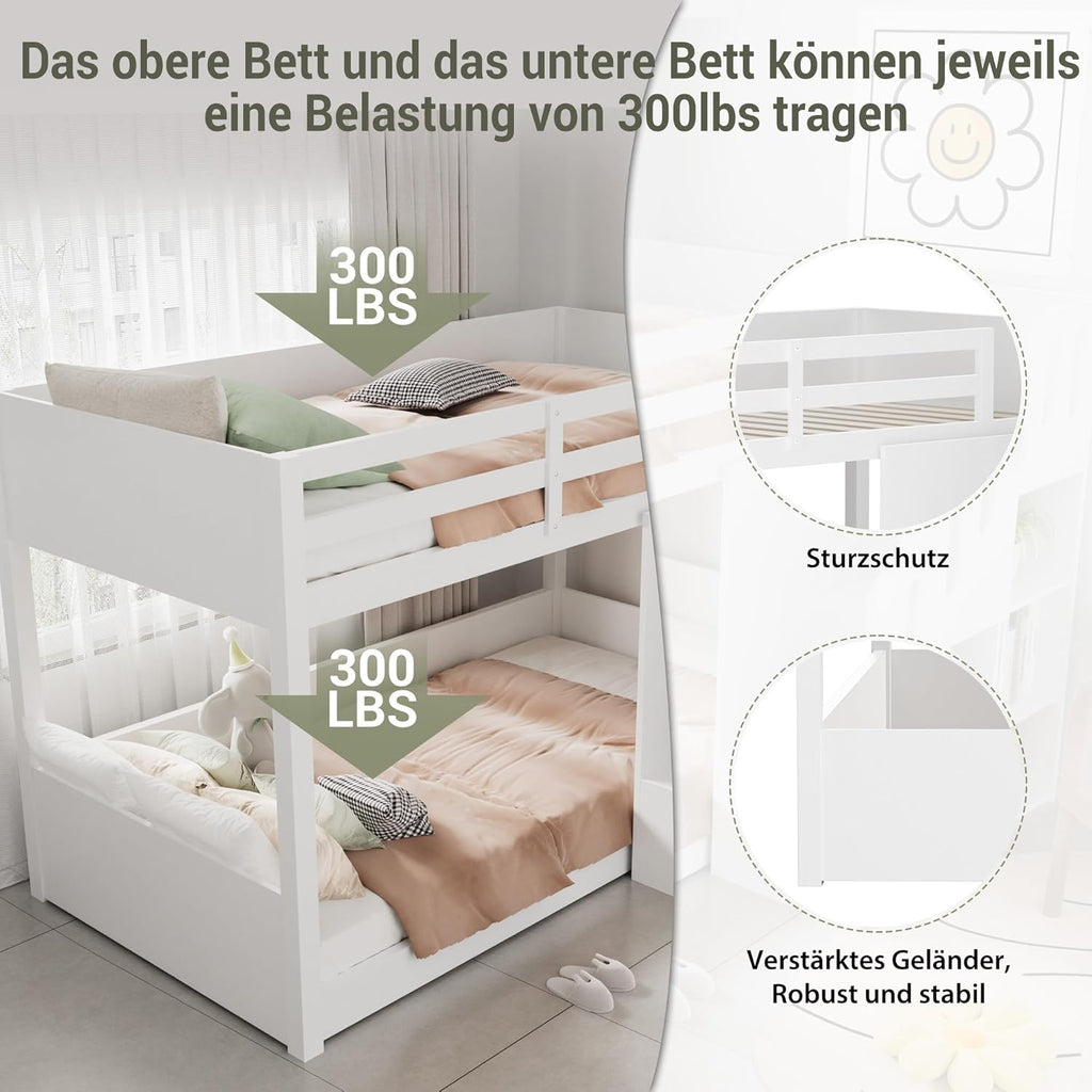 Hochbett Etagenbett 2 Kinder 90x200 cm mit Treppe, Kinderbett Mit & Schließfächern & Rausfallschutz, Kinderzimmer kinderhochbett, Stockbett für Mädchen Junge, Weiß