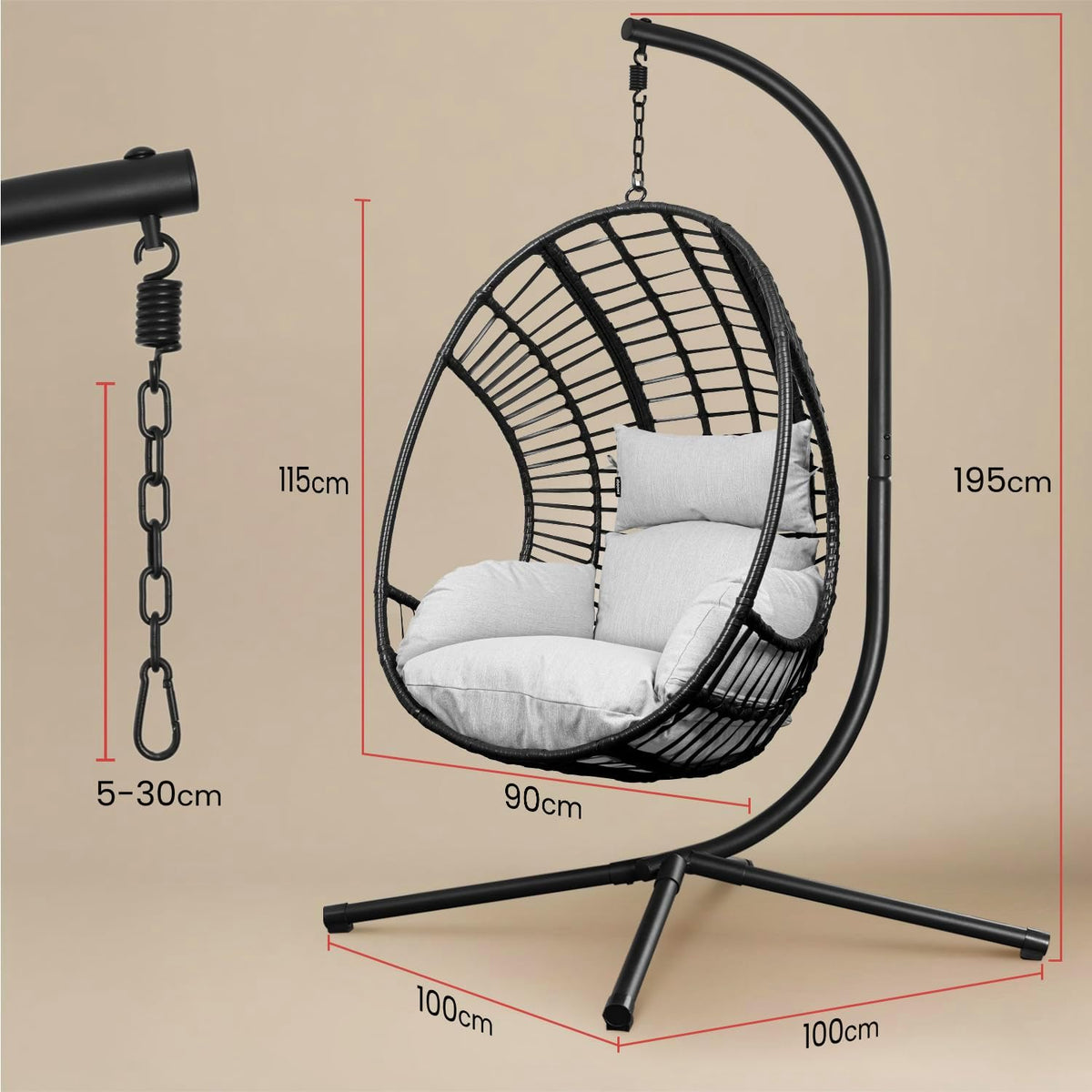 Swoods XXL Hängesessel mit Gestell - Hängesessel Für Indoor und Outdoor - Inkl. Kissen - Egg Chair - bis 150kg (Hellgrau)