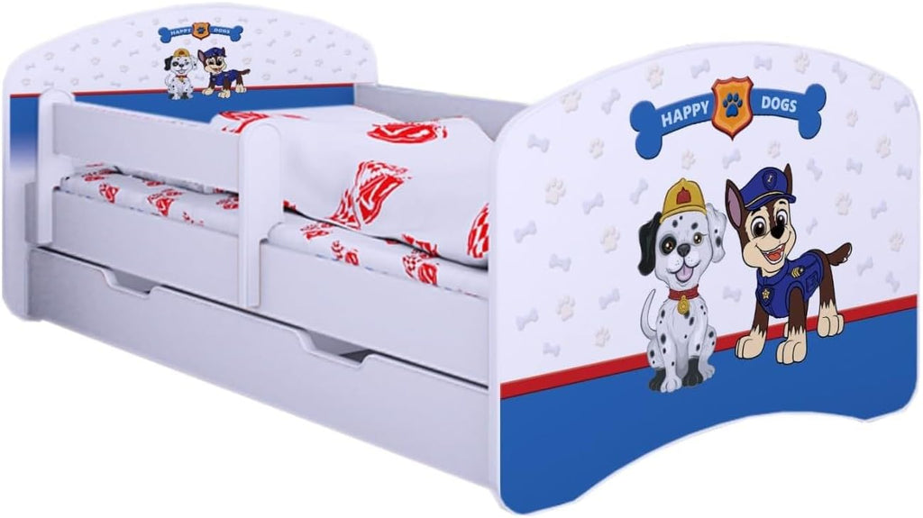 BDW Kinderbett Super Hunde - Babybett mit Matratze und Schublade - Bequem und Langlebig Rausfallschutz Bett - Kinderzimmer - Weiß (180x90)