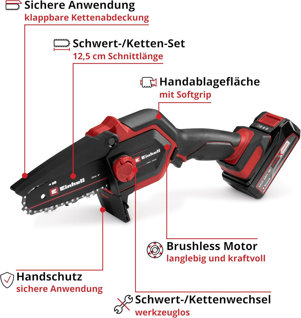 Einhell Akku-Astkettensäge GE-PS 18/15 Li Bag Kit Power X-Change (18 V, Brushless, 12,5 cm Schnittlänge, inkl. 2,5 Ah Akku, Ladegerät, Ersatzkette, Einhell Bag 45/29)
