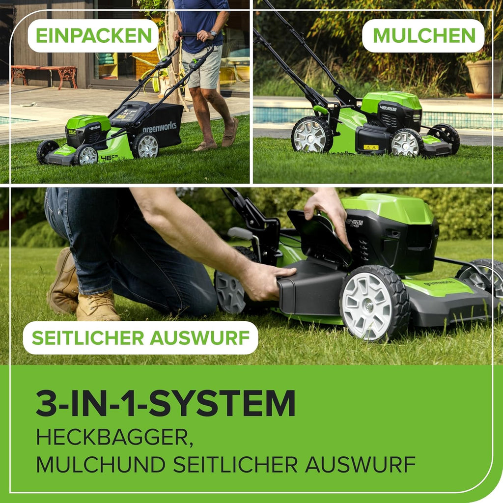 Greenworks Selbstfahrender Akku Rasenmäher 48V (24V x 2) bis zu 480m2, 46cm Schnittbreite, 55L Sack Rasenmäher Elektro Plus Zwei 4Ah-Akkus und Doppelladegerät,3 Jahre Garantie,GD24X2LM46SPK4X