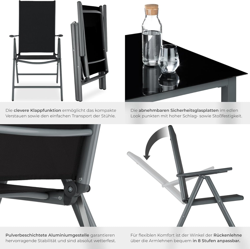 tectake® Aluminium Sitzgruppe 8+1, Gartenmöbel Set mit Stuhl und Tisch, klappbare Gartenstühle, Gartentisch mit Sicherheitsglas, wetterfeste Terrassenmöbel, für Garten Terrasse Balkon - anthrazit