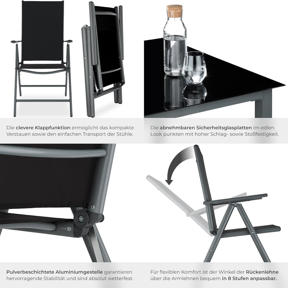tectake® Aluminium Sitzgruppe 8+1, Gartenmöbel Set mit Stuhl und Tisch, klappbare Gartenstühle, Gartentisch mit Sicherheitsglas, wetterfeste Terrassenmöbel, für Garten Terrasse Balkon - anthrazit