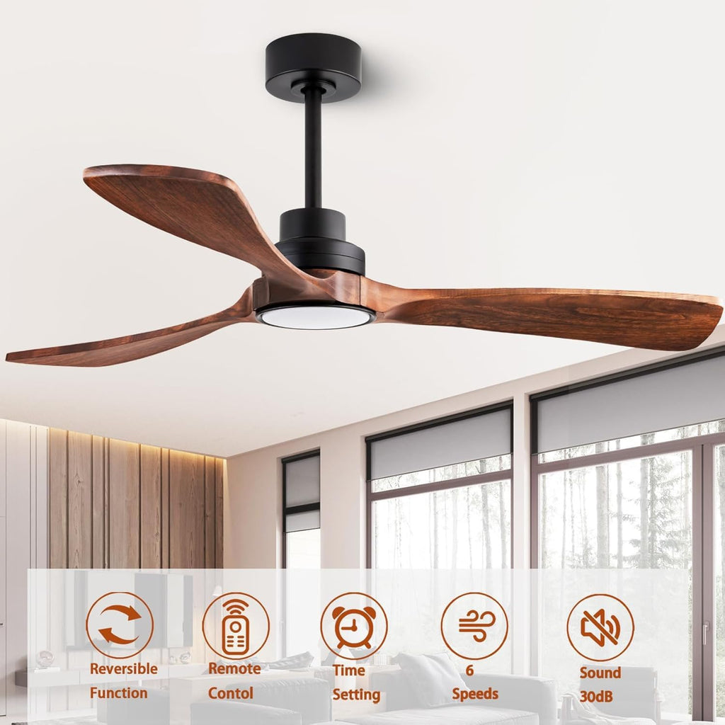 106cm Deckenventilator mit Beleuchtung und Fernbedienung, 3 Holz Flügeln, 18W LED-Licht mit Dimmfunktion (3000K, 4500K, 6500K) Leise DC Motor, 6 Geschwindigkeiten, Timer, Für Schlafzimmer Wohnzimmer