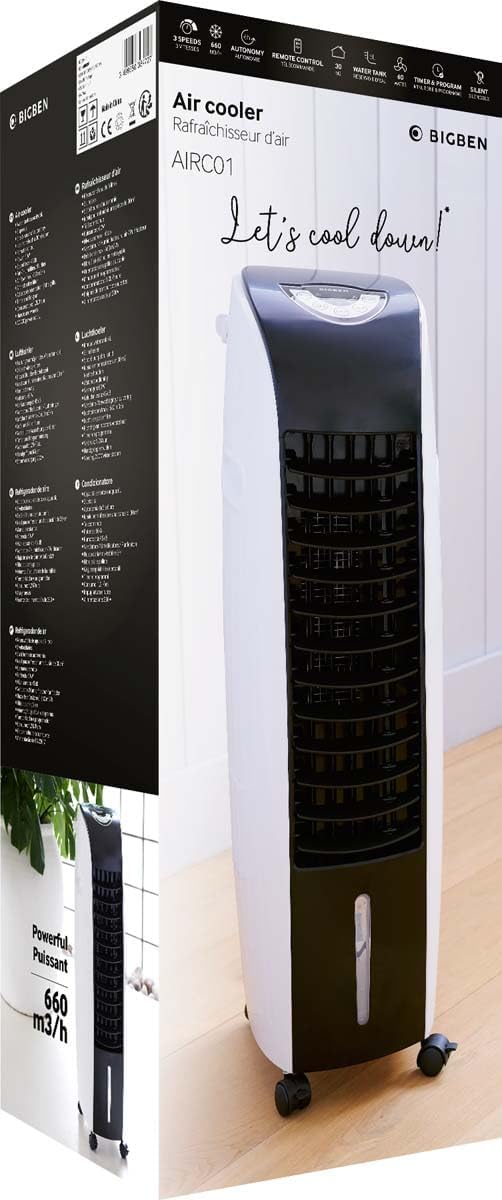 BIGBEN Luftkühler 60 W, Tank 6 l – Mobile Klimaanlage ohne Abfluss – Säulenventilator mit Fernbedienung und Timer – AIRC01