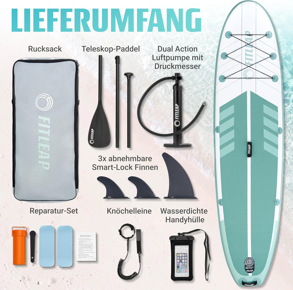 Premium Stand Up Paddle Board aufblasbar - SUP Board Set mit Hochdruckpumpe, verstellbarem Paddel und Rucksack - Ideal für Anfänger und Profis - Perfekt für Yoga, Surfen und Wassersport