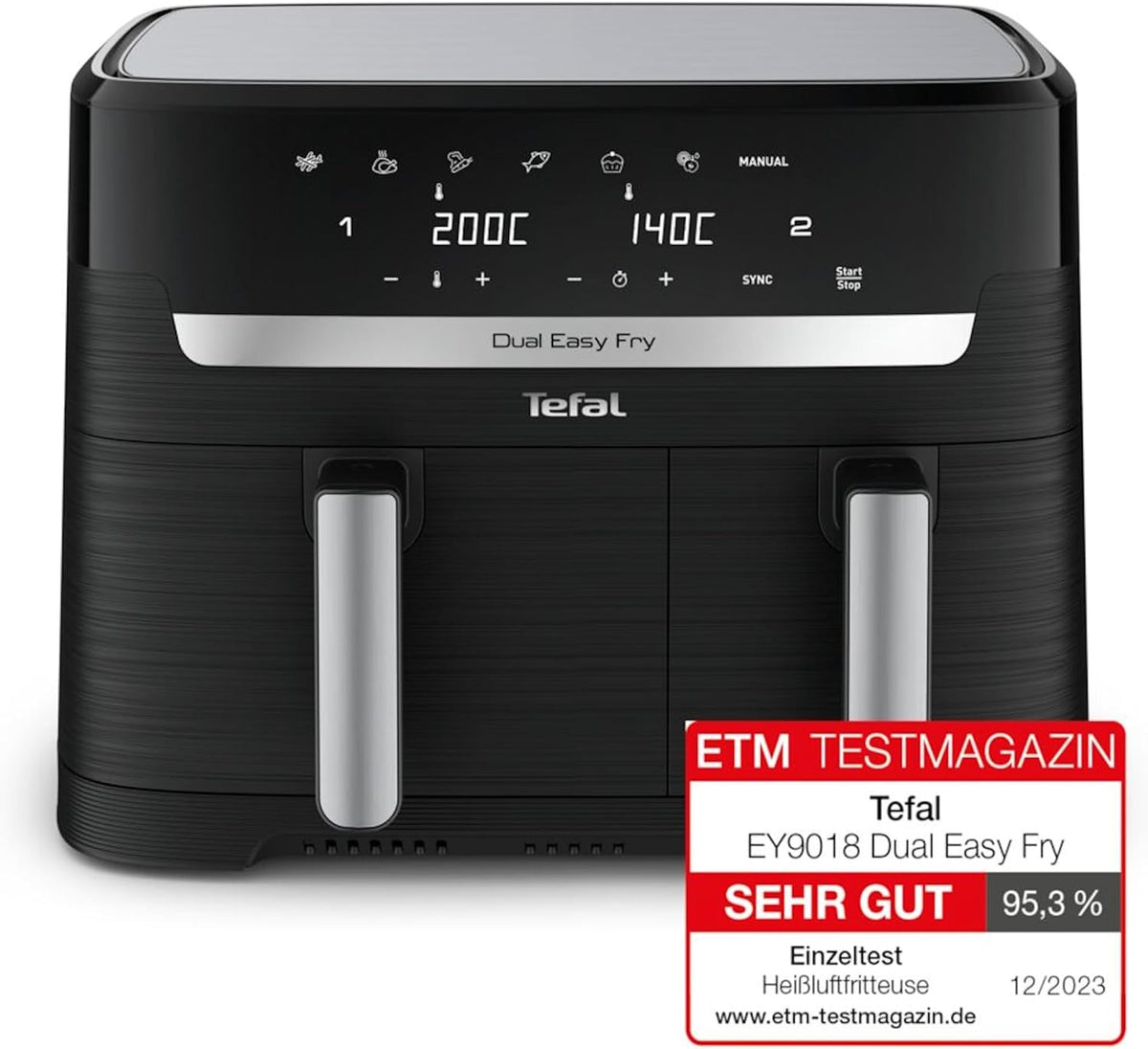 Tefal Dual Easy Fry Heißluftfritteuse Doppelkammer, 5,2/3,1 L Fassungsvermögen, zwei unabhängige Schubladen, 7 automatische Programme, energiesparend, schwarz, EY9018