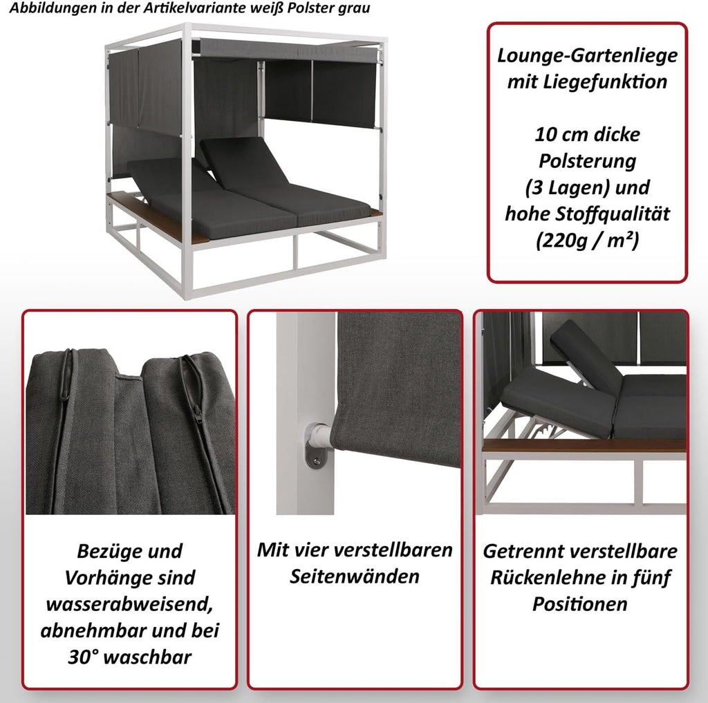Mendler Aluminium Lounge-Gartenliege HWC-M63b, XL Sonnenliege Daybed, 10cm-Polster 200cm - weiß Polster grau