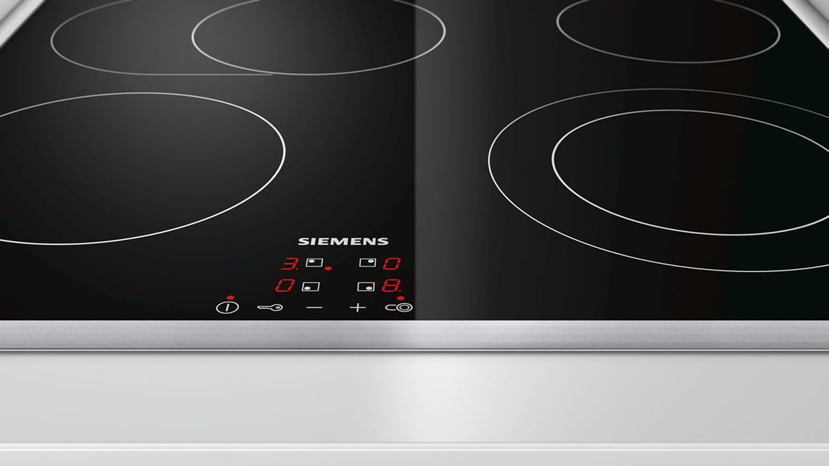Siemens ET645HN17E iQ300 Glaskeramik-Kochfeld, 60 cm, Made in Germany, Flachrahmen-Design, zuschaltbare Bräterzone, touchControl - Steuerung per Fingertipp, Zweikreiszone 21 cm