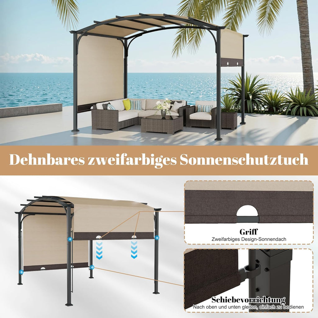 Pergola mit Schiebedach, 3,3 × 2,7 m Wasserdichtes Gartenpavillon mit Metallpfosten, Gebogenem Dach für Terrasse, Garten oder Deck, UV-Schutz, Beige