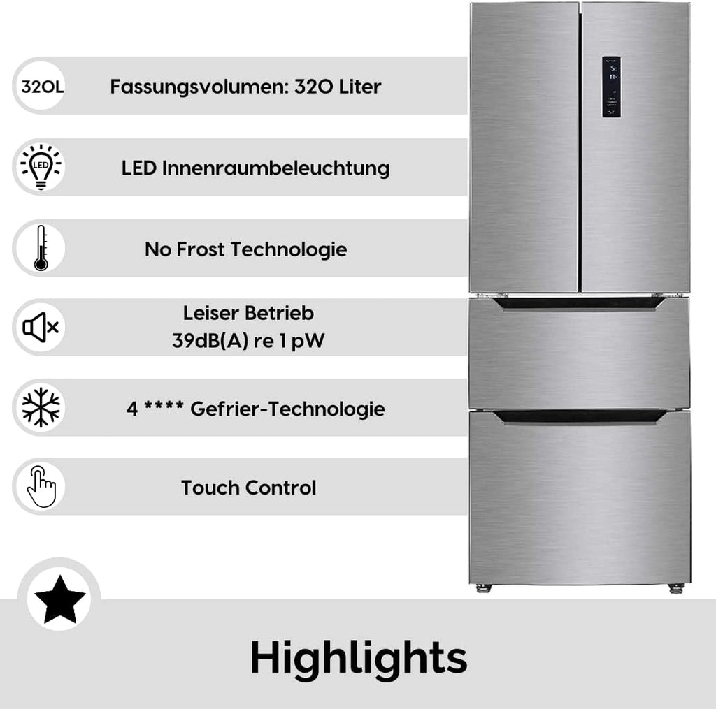 WOLKENSTEIN FD351.4A++NF IX Stand French Door Kühl-Gefrierkombination | NoFrost | Touch Control | 4**** Gefrierfach | Inox Design | Kühlteil 191L | Gefrierteil 129L