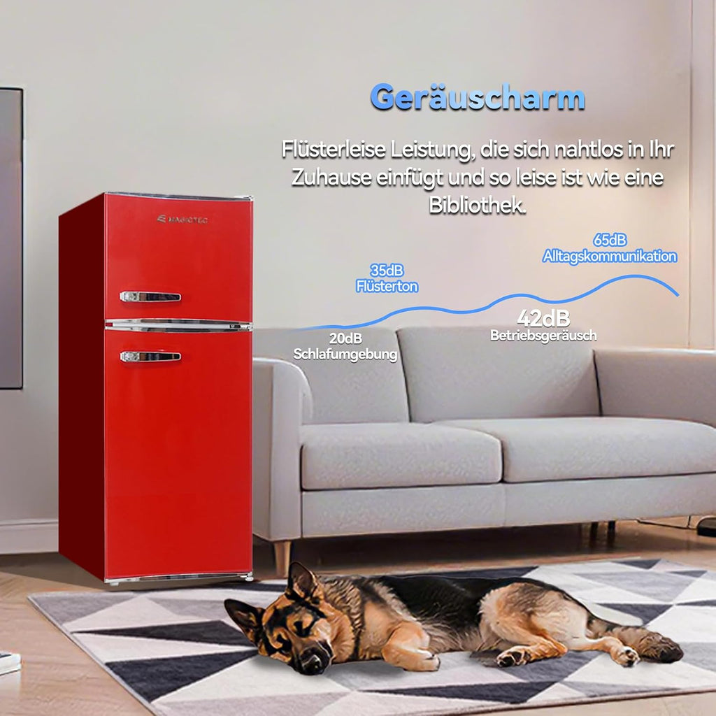 magictec Retro Kühlschrank mit Gefrierfach | 120L(88L/32L) | Low Frost | Kühl Gefrier Kombination | Vintage Design | LED Beleuchtung | Rot