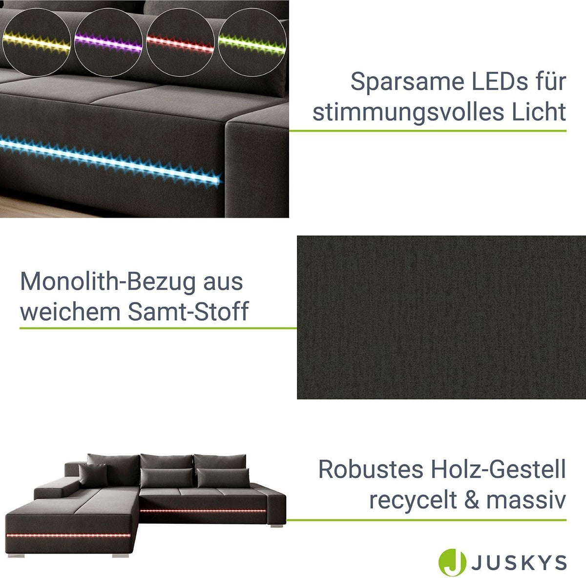 Juskys Sofa Davos Links mit Schlaffunktion - Ecksofa für Wohnzimmer mit Bettkasten & LED - Stoff Schlafsofa L Form Couch Beleuchtung - Dunkelgrau