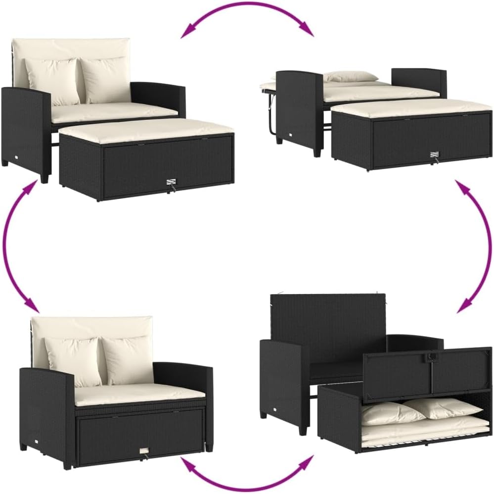 vidaXL Gartensofa 2-Sitzer, Outdoor Sofa mit Hocker mit Staufach, Gartenmöbel mit Kissen, Gartensessel Gartenbank, Schwarz Poly Rattan VC9087349