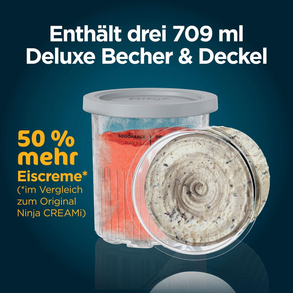 Ninja CREAMi Deluxe Eis-und Eisgetränkmaschine mit 2 Bechern, 10 Funktionen, macht Eiscreme, Gelato, Sorbet, Frozen Yoghurt, Milchshakes, Slushi & mehr, 2-in-1 Geschmacksoption, Silber, NC502EU