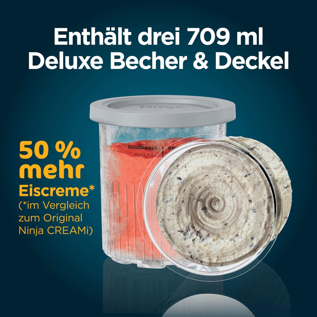 Ninja CREAMi Deluxe Eis-und Eisgetränkmaschine mit 2 Bechern, 10 Funktionen, macht Eiscreme, Gelato, Sorbet, Frozen Yoghurt, Milchshakes, Slushi & mehr, 2-in-1 Geschmacksoption, Silber, NC502EU