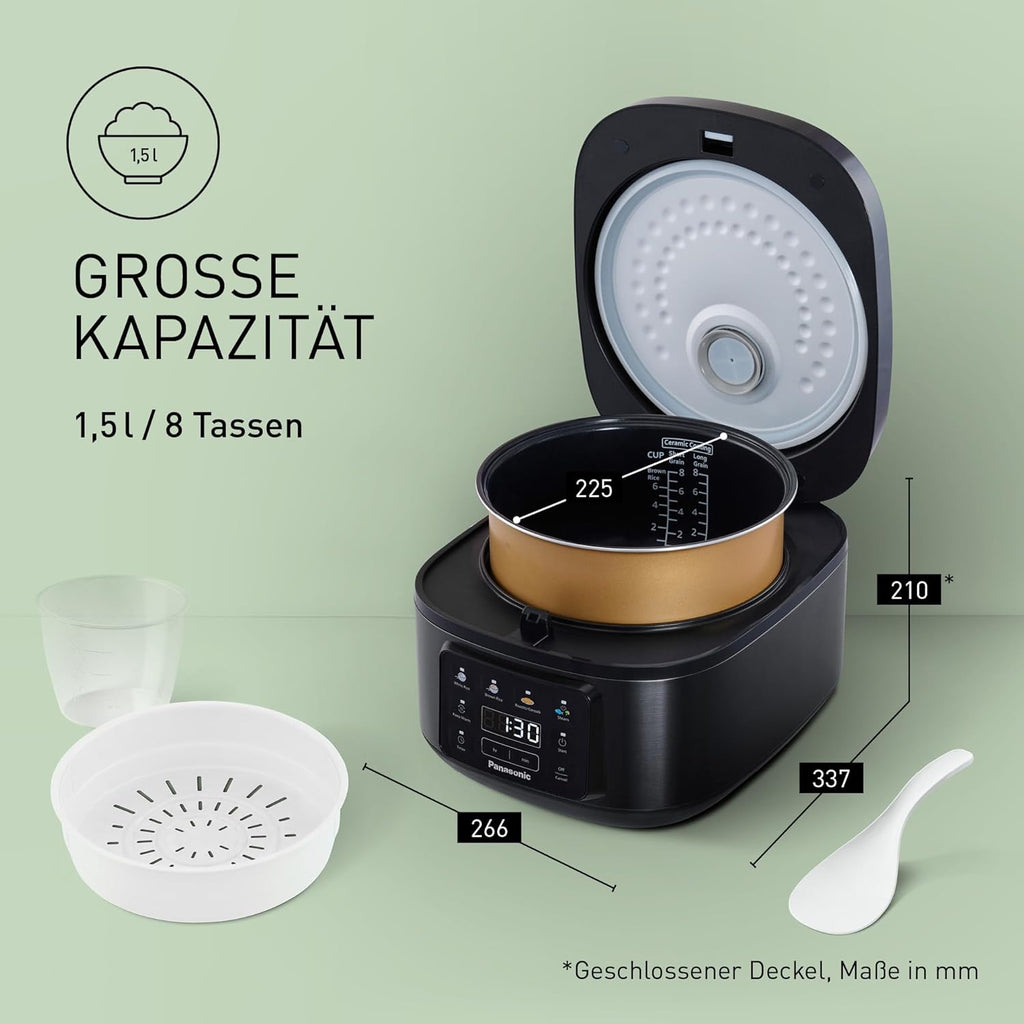 Panasonic SR-DA152KXE Automatischer Reiskocher mit Dampfgarer, Fuzzy-Logik, Wasserverhältnisanzeige, BPA-frei, Warmhalten, Startverzögerung, spülmaschinengeeignete Teile, vielseitig, schwarz
