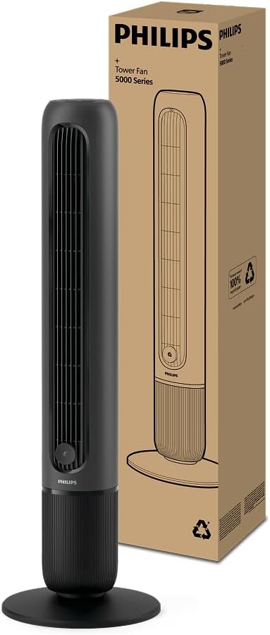 Philips Turmventilator 5000 Series. Leistungsstarke 8,0 m/s, ultra-leise 24 dB, niedriger Energieverbrauch, Fernbedienung, 5 Geschwindigkeitsstufen, Schlafmodus, 9-h-Timer, 80° Oszillation (CX5540/01)
