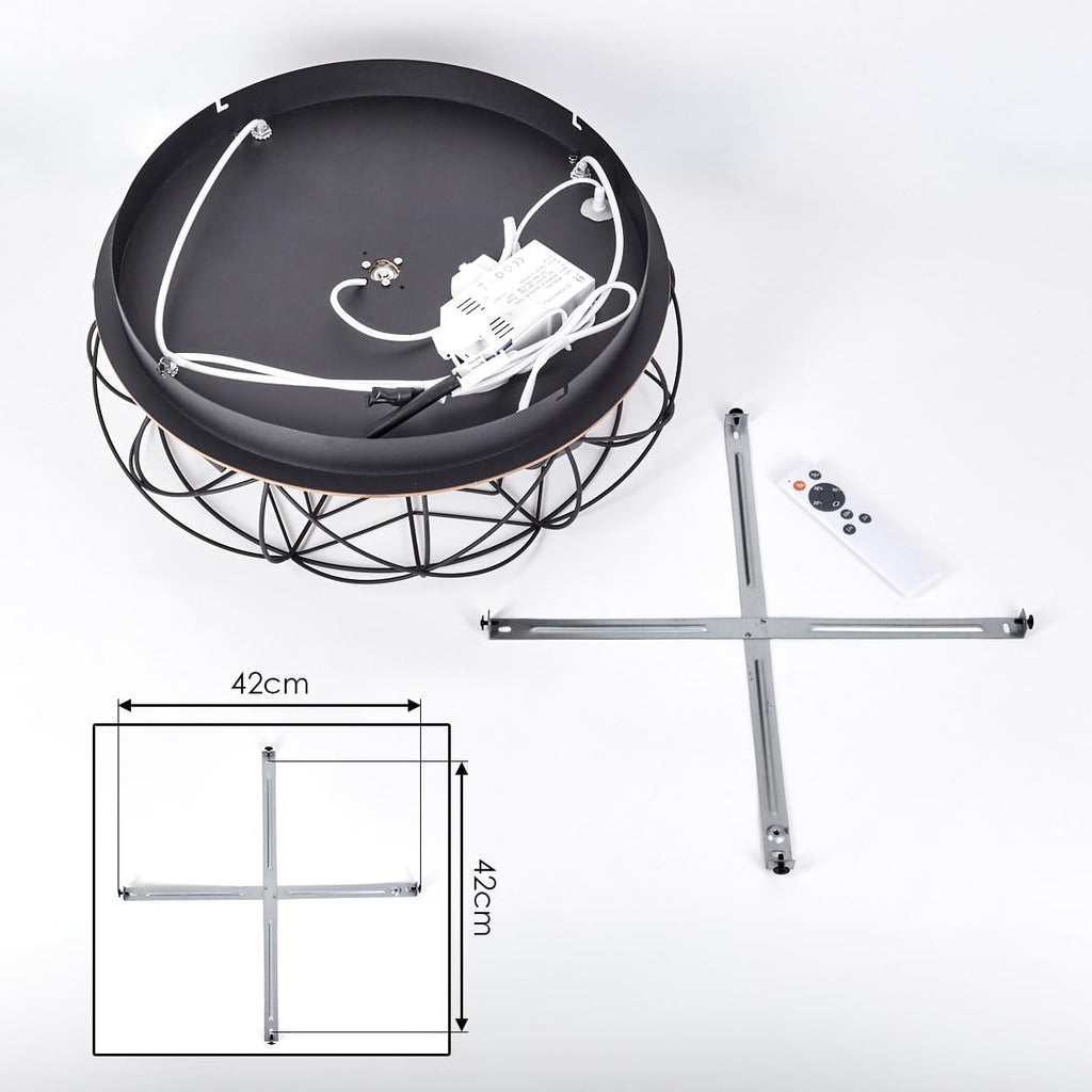 LED Deckenventilator Tourais, Ventilator aus Metall/MDF in Schwarz/Holzoptik, Deckenleuchte im Retro/Vintage-Design in Gitter-Optik, Lichteffekt u. Fernbedienung, Wohnzimmer, Schlafzimmer, Esszimmer