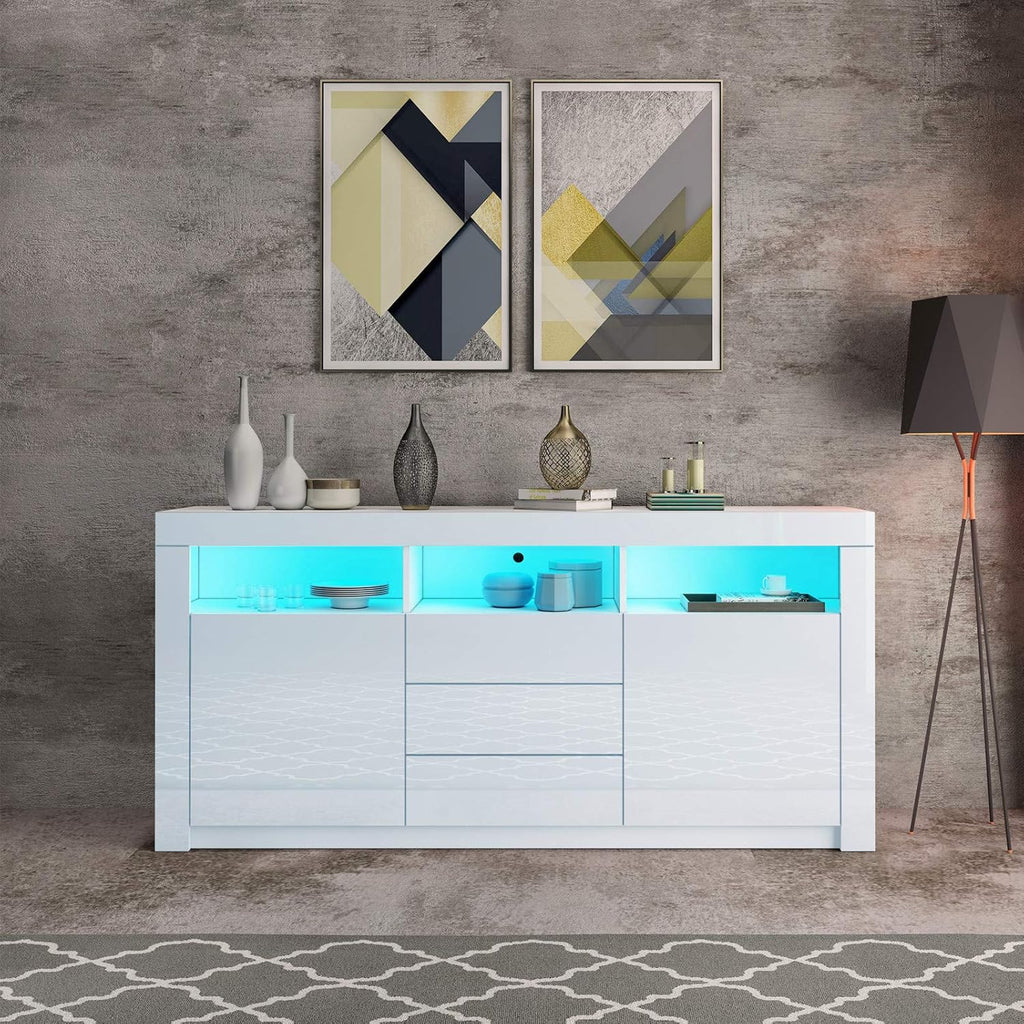 Moderner Sideboard Schrank Kommode in Front Hochglanz 2 Türen 3 Schubladen Esszimmer Küche Buffet Küchenschrank mit LED Streifen 160cm (Weiß)