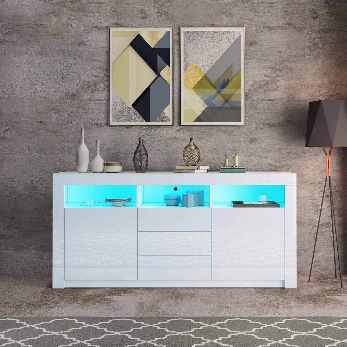 Moderner Sideboard Schrank Kommode in Front Hochglanz 2 Türen 3 Schubladen Esszimmer Küche Buffet Küchenschrank mit LED Streifen 160cm (Weiß)