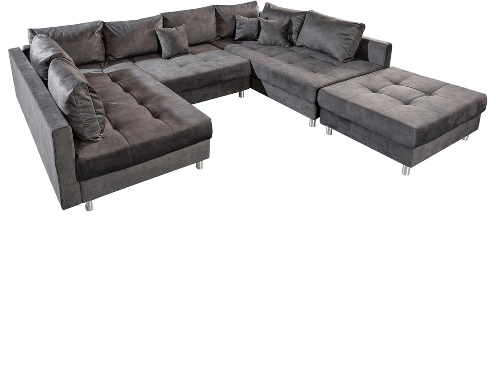 Riess Ambiente Moderne XXL Wohnlandschaft Kent 305cm grau Samt Bigsofa inkl. Hocker Federkern Samtsofa Samtcouch Ecksofa Eckcouch U-Sofa U-Couch Wohnzimmer
