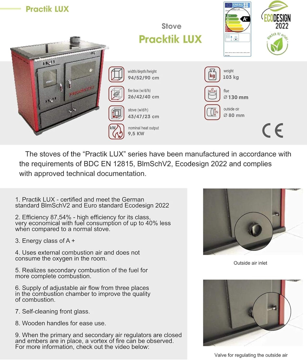 Kaminofen mit Backfach und Herdplatte Practik Lux Holzofen 9,5 kW Kamin Ofen Dauerbrandofen Werkstattofen Schwedenofen Hüttenofen Heizofen