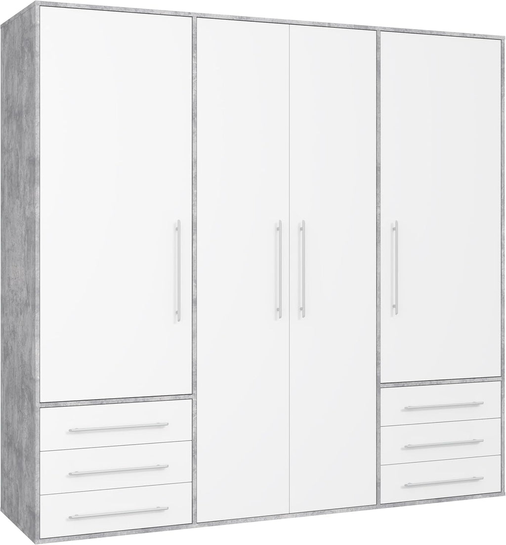 Forte Jupiter Kleiderschrank 205, Großer Schrank mit 4 Türen und 6 Schubladen, Holzwerkstoff, Weiß/Betonoptik Lichtgrau, 205,9 cm breit, 200 cm hoch, 53 cm tief