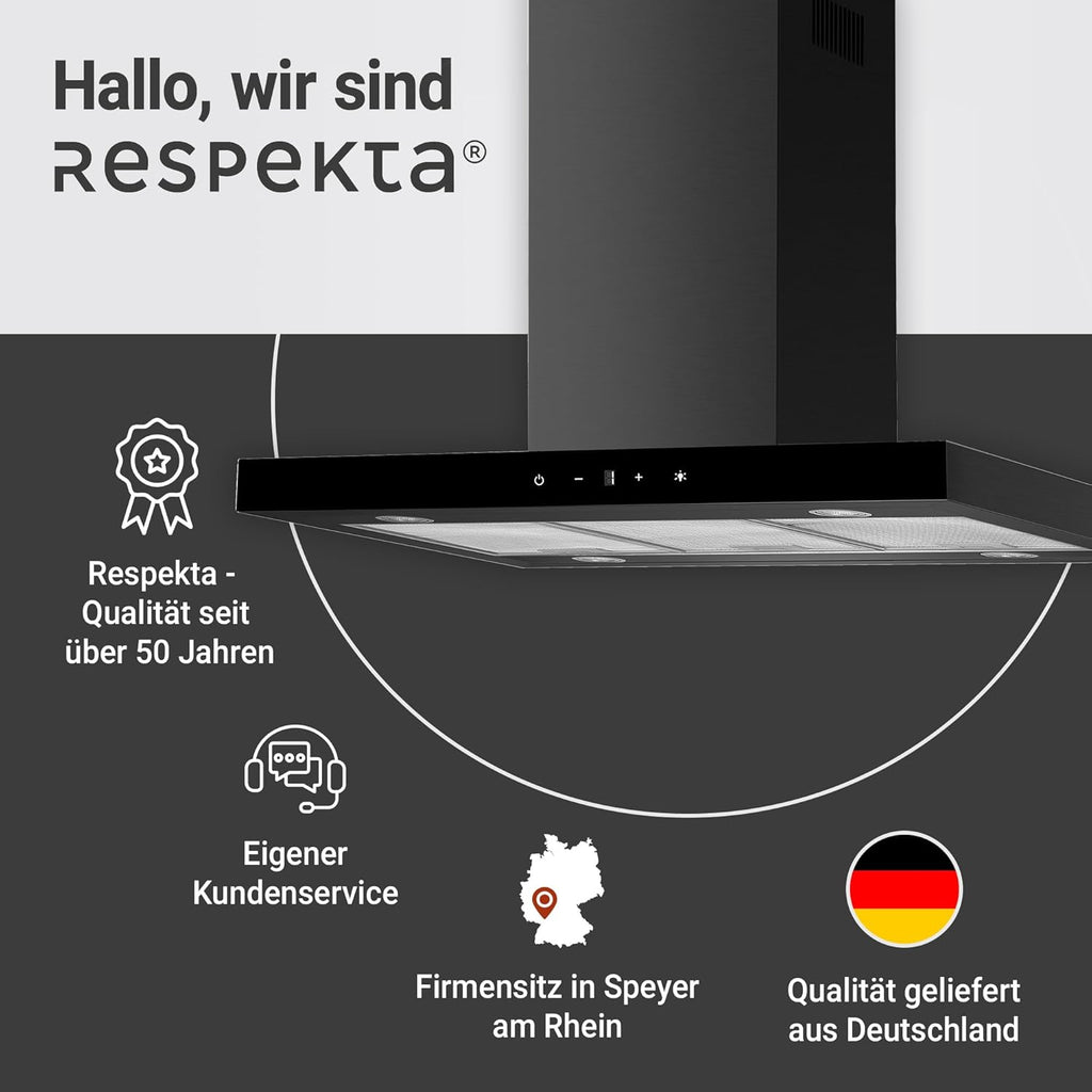 Respekta Cara Inselhaube/Dunstanzugshaube in Schwarz-Matt mit Glasfront/Haube 90 cm / 9 Leistungsstufen/Touch Control / CH44199GISS-20 / A+