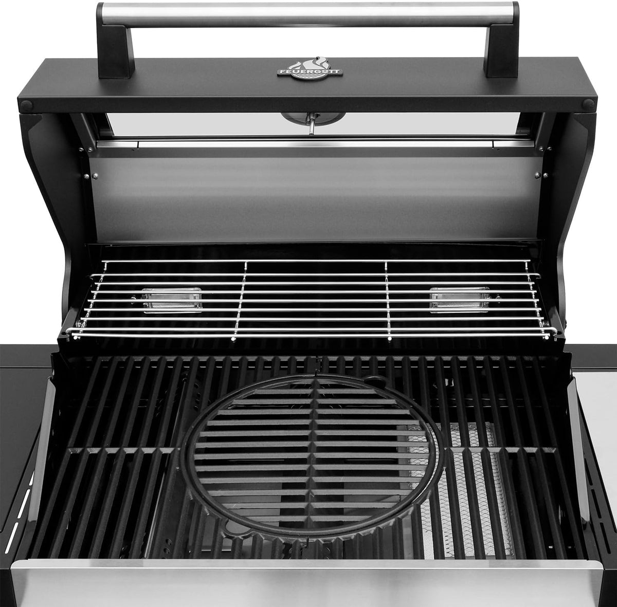 Gasgrill Hektor 3B-S Edelstahl Gasgrillstation 3 Brenner, Infrarot Sear-Brenner, Gusseisen-Grillrost, Seitenkocher und Kochplatte Inkl. Abdeckhaube für Garten, Terrasse