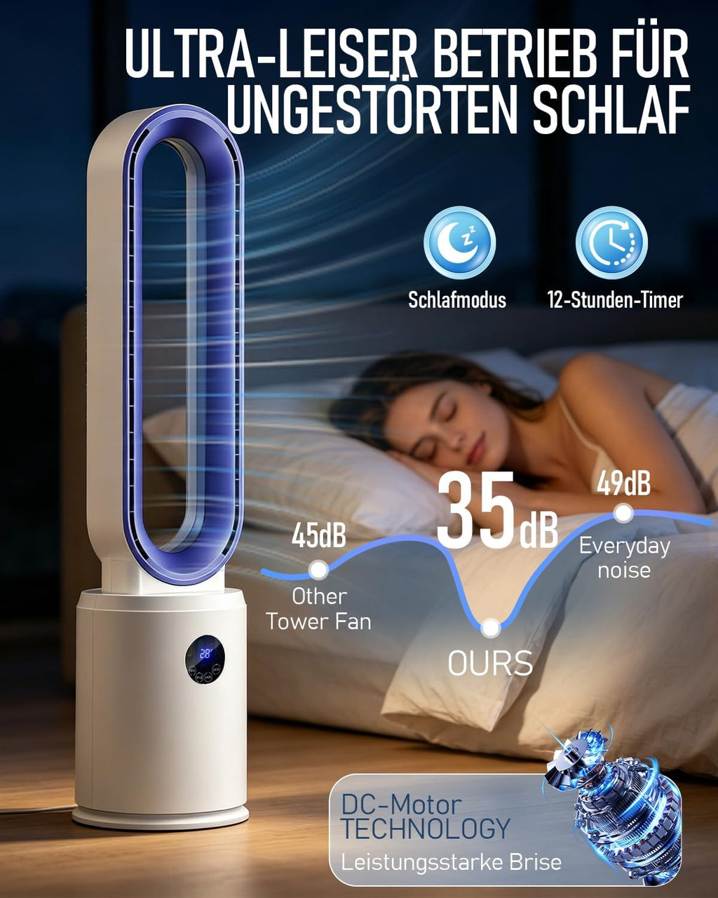 Rotorloser Ventilator, 24 Stufen Leiser Turmventilator Mit Fernbedienung & 12h Timer, Energiesparender DC-Motor, LED Display 60° Oszillierend Luftreinigung Für Schlafzimmer, Büro (Blau)