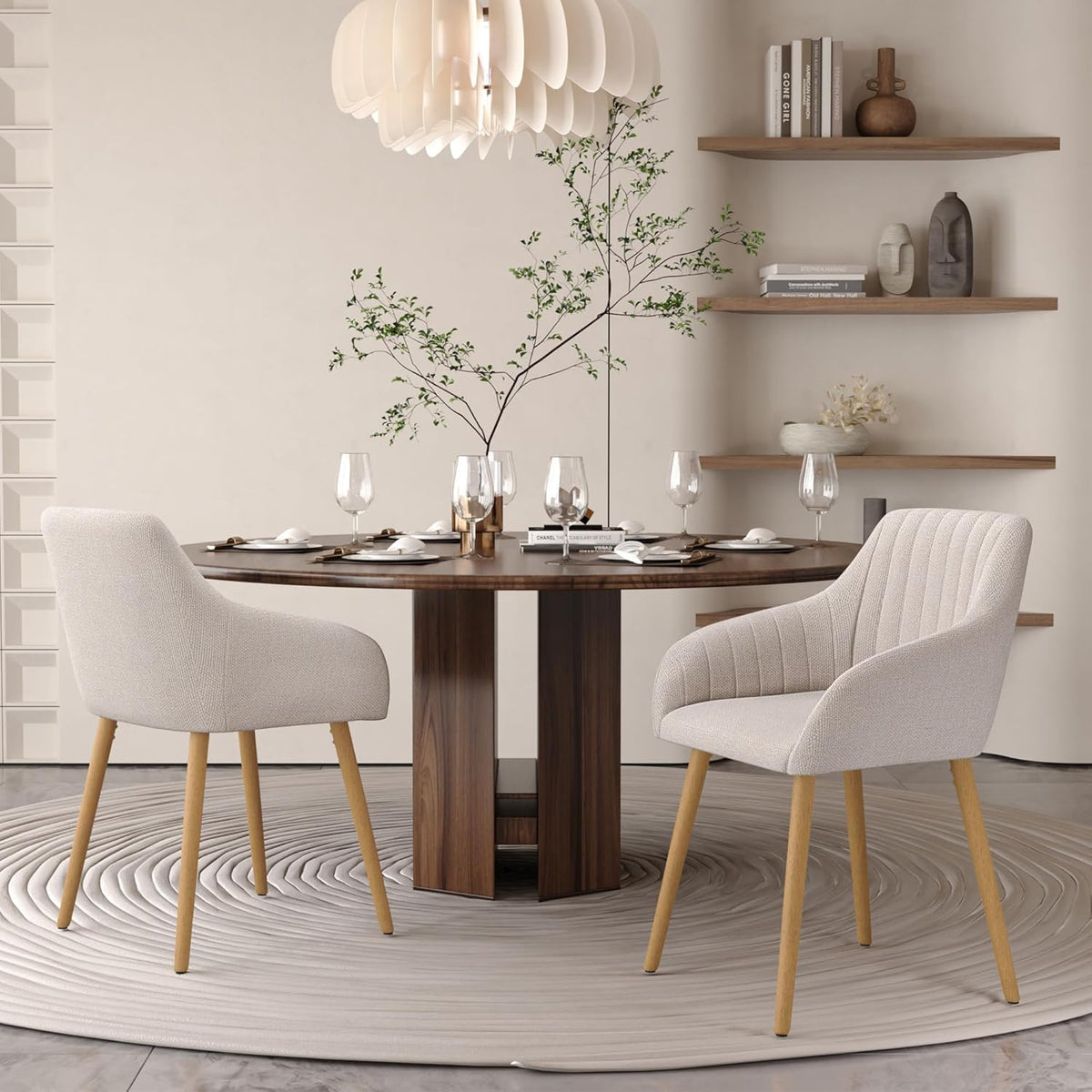 Armlehnenstuhl Esszimmerstuhl 4er Set Beige Holzbeine Polsterstuhl mit Armlehne Stühle Esszimmer Küchenstuhl Wohnzimmerstuhl aus Polyester