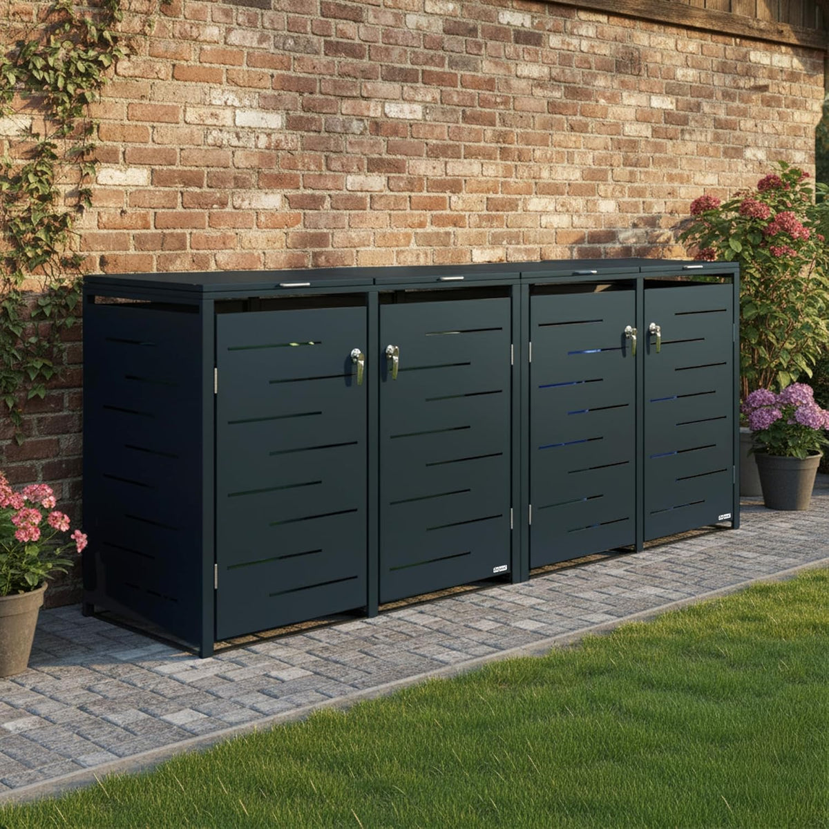 Zelsius Edelstahl Mülltonnenbox 4 Tonnen | 120-240 Liter | Anthrazit RAL 7016 | inkl. Erweiterungsmöglichkeit | Garten Müllhaus, Mülltonnenbox 4er, Aufbewahrungsbox für Mülltonnen