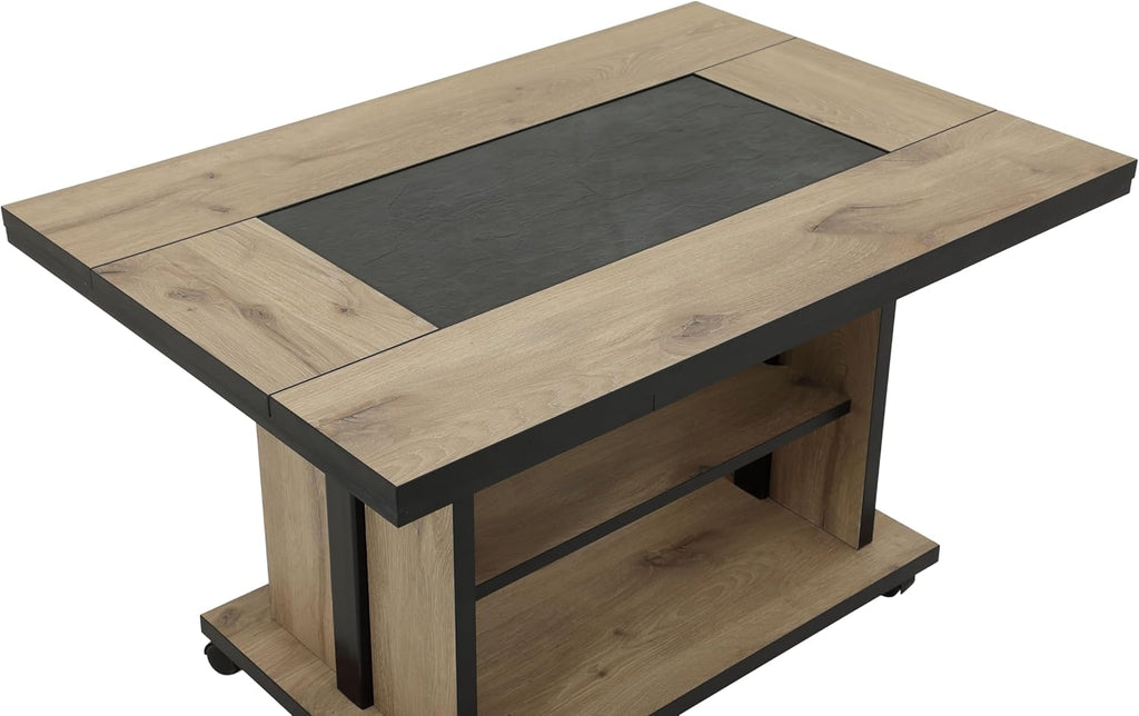 Hela Tische, Couchtisch mit 3 Funktionen Berlin, Dekor Artisan Eiche, Schieferplatteneinlage, Ausziehbar, Höhenverstellbar mit Lift, Kunststoff-Rollen mit Bremse