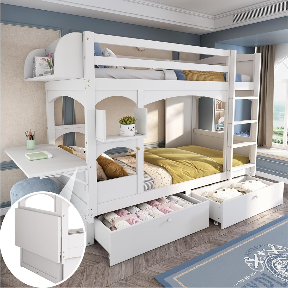 Kinderbett Etagenbett 2 Kinder 90x200 cm mit Klapp-Schreibtisch und Regal, Jugendbett Hochbett mit Rausfallschutz und 2 Schubladen, Holzbett Bettgestell mit Lattenrost, Weiß, Ohne Matratze