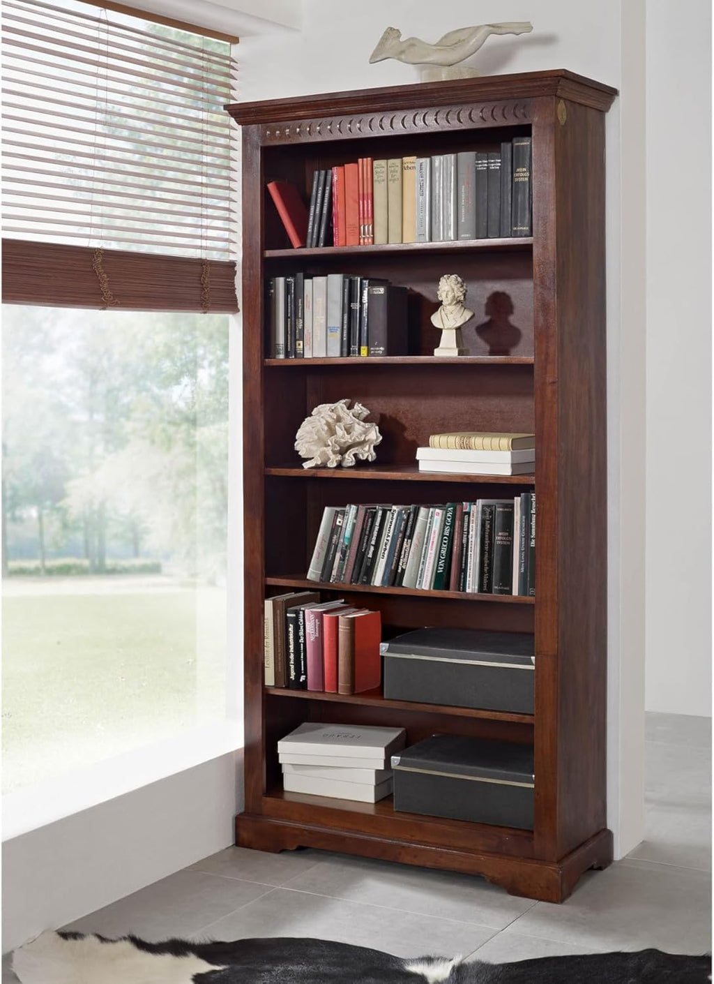 MASSIVMOEBEL24.DE | Oxford - massives Regal - lackiert | Nougat | Akazie | 6 offene Fächer | mit Kranz | 97x35x200 | Bücherregal Hochregal Standregal offenes Regal