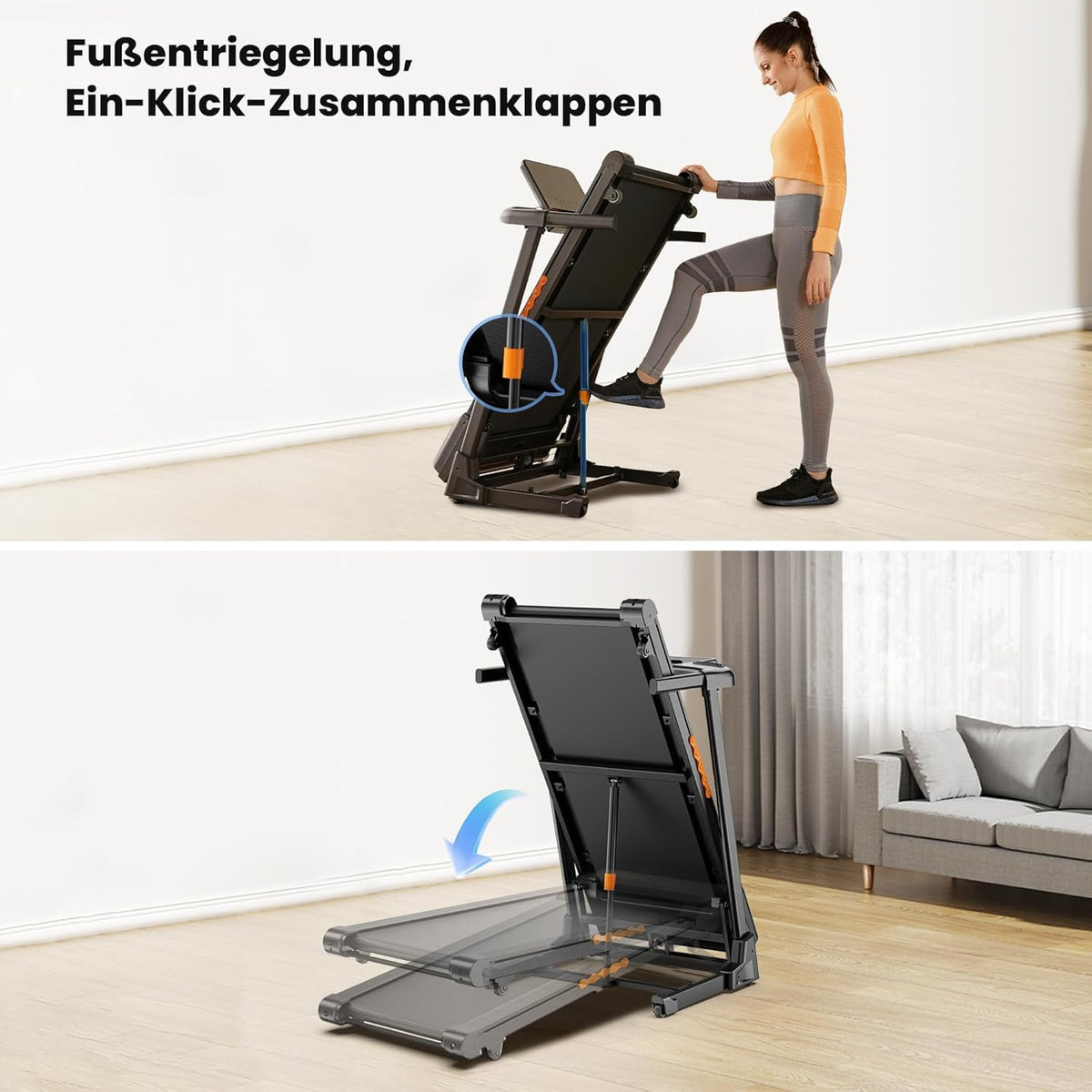 Laufband Klappbar für Zuhause mit 15%-18% Automatische Steigung, 3-4,5 PS Motor, Leise & Kompakt, 13-18" Zoll Breit LED Anzeige & 12 Programme, 14-16 km/h Elektrisches Fitness Laufband