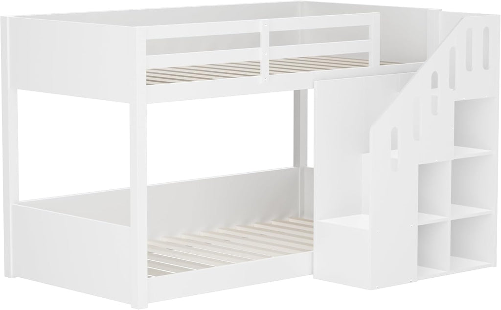Hochbett Etagenbett 2 Kinder 90x200 cm mit Treppe, Kinderbett Mit & Schließfächern & Rausfallschutz, Kinderzimmer kinderhochbett, Stockbett für Mädchen Junge, Weiß