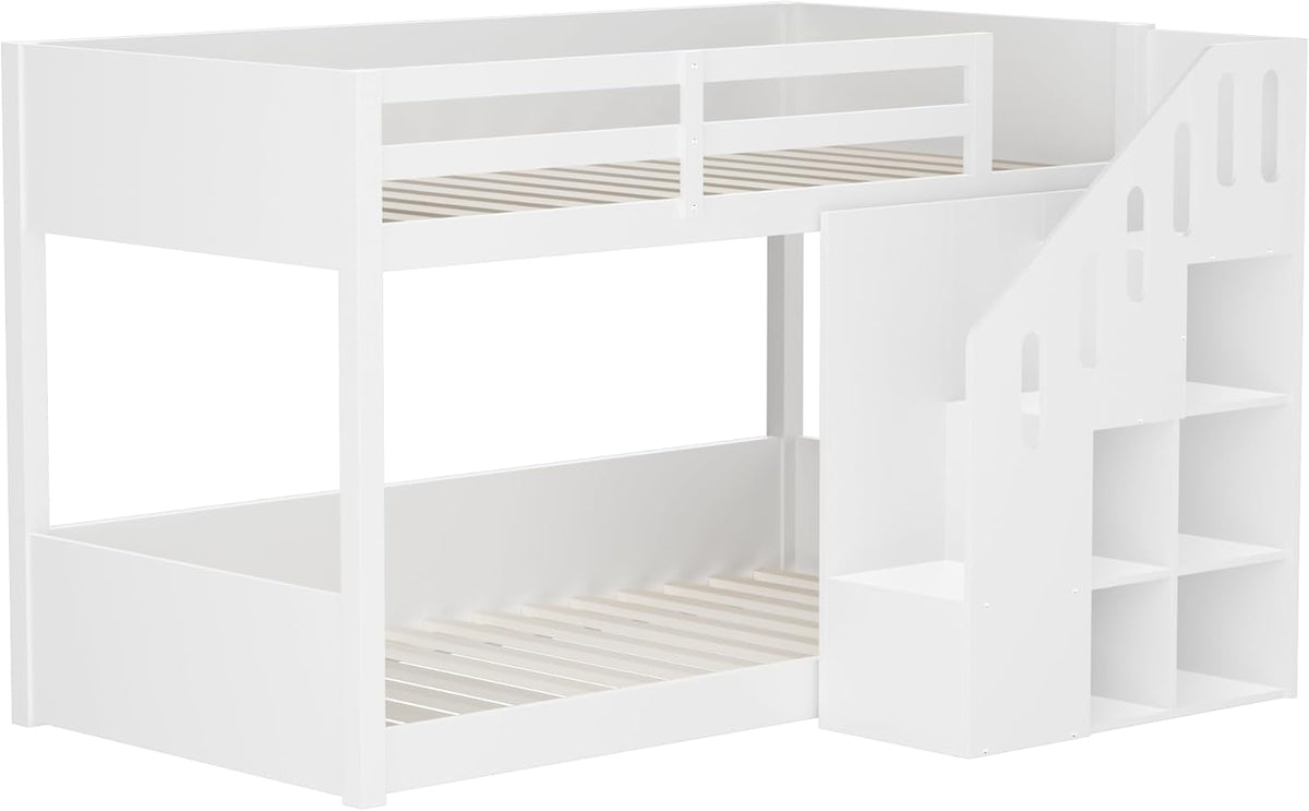 Hochbett Etagenbett 2 Kinder 90x200 cm mit Treppe, Kinderbett Mit & Schließfächern & Rausfallschutz, Kinderzimmer kinderhochbett, Stockbett für Mädchen Junge, Weiß
