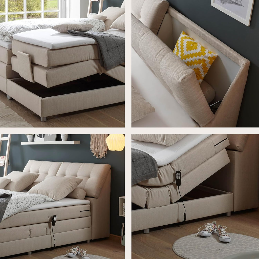CARPINO Boxspringbett 180x200 elektrisch verstellbar, Creme - Bequemes Doppelbett mit dekorativer Steppung & Komfortschaum Topper - 180 x 110 x 234 cm (B/H/T)