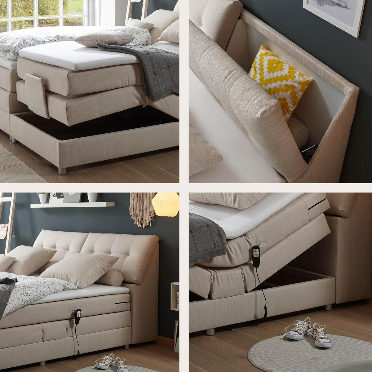 CARPINO Boxspringbett 180x200 elektrisch verstellbar, Creme - Bequemes Doppelbett mit dekorativer Steppung & Komfortschaum Topper - 180 x 110 x 234 cm (B/H/T)