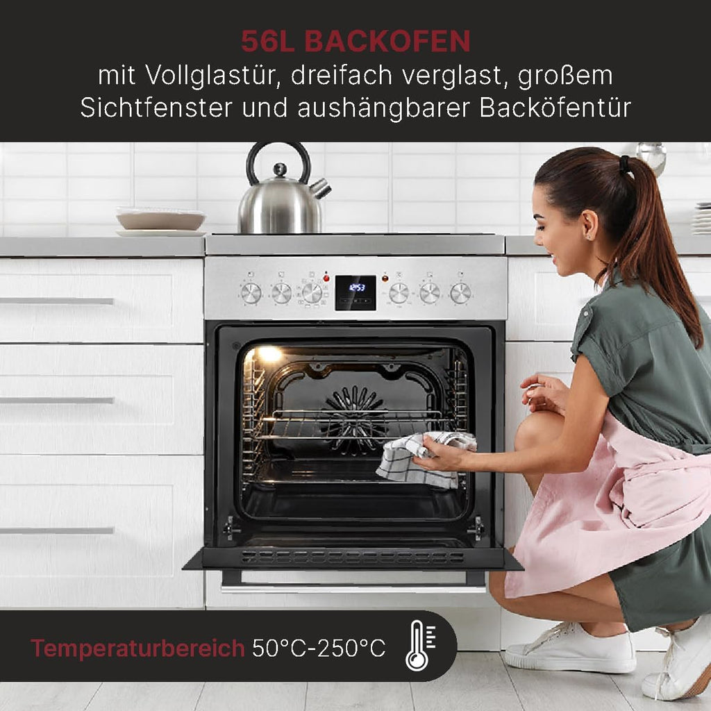 Bomann Elektroherd-Set | Einbauherd mit Ceranfeld | Kochfeld mit 4 Kochzonen | Einbaubackofen mit 56l Nutzinhalt | 9 Backofen Funktionen | Glaskeramik-Kochfeld mit Bräterzone | EHBC 7936 IX