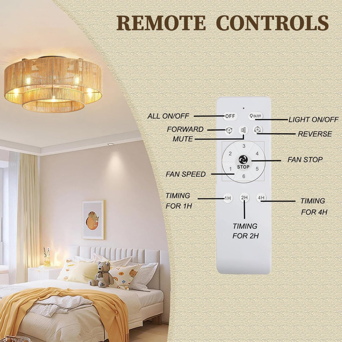 KZT Rattan Deckenventilator mit Beleuchtung und Fernbedienung E27 Deckenleuchte mit Ventilator Retro Boho Bambus Gewebt Lampe mit Ventilator Schlafzimmer Wohnzimmer Deckenventilator mit Licht Ø50CM