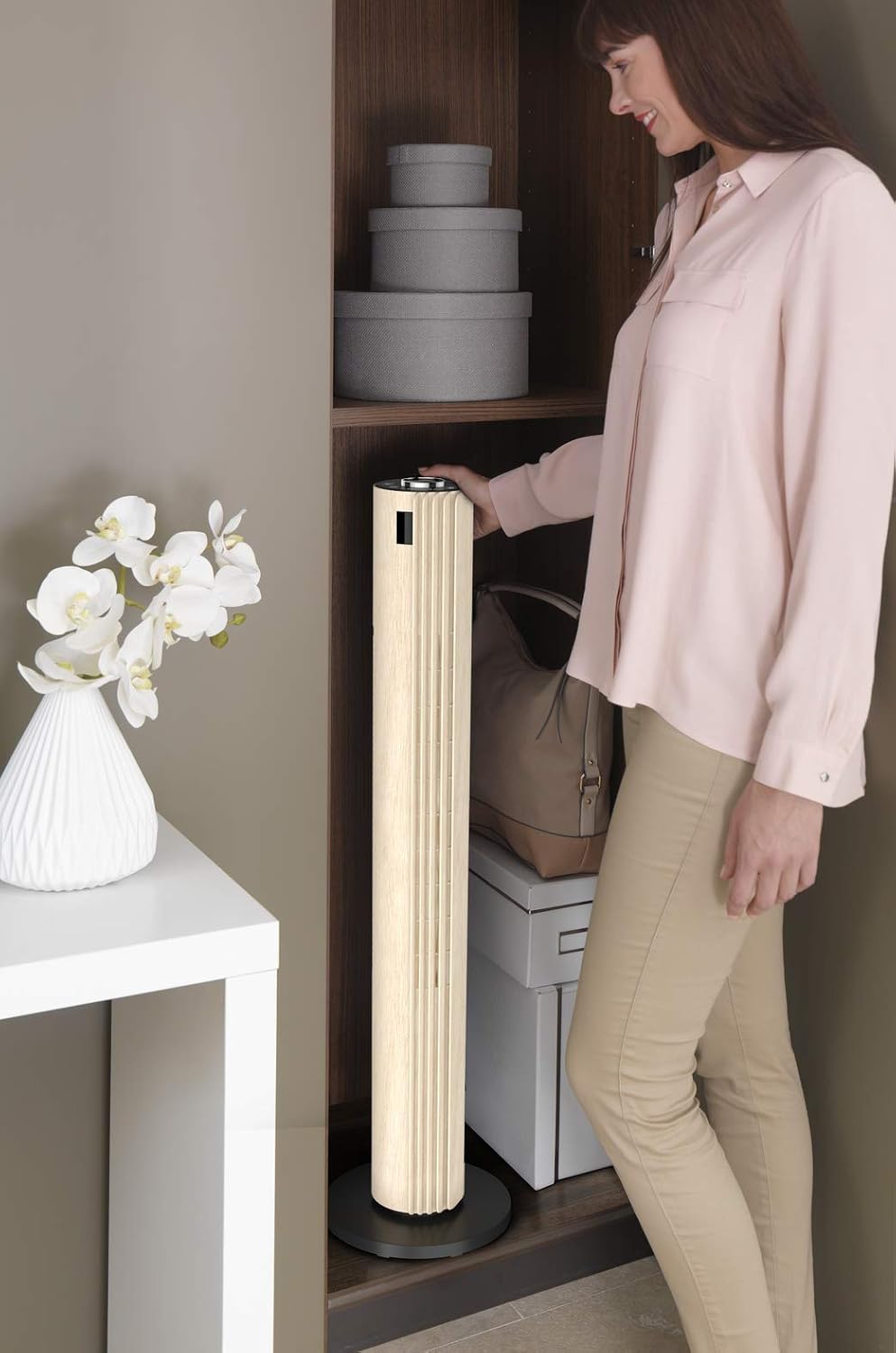Rowenta Turmventilator Urban Cool VU6770 | Holzoptik | 3 Geschwindigkeiten | Automatische Oszillation | Fernbedienung | Timer | Auto-Modus